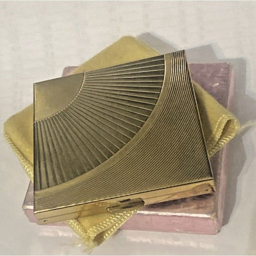 Vintage Max Factor Golden Art Deco Fan 1950s Loose Powder Compact Original Box